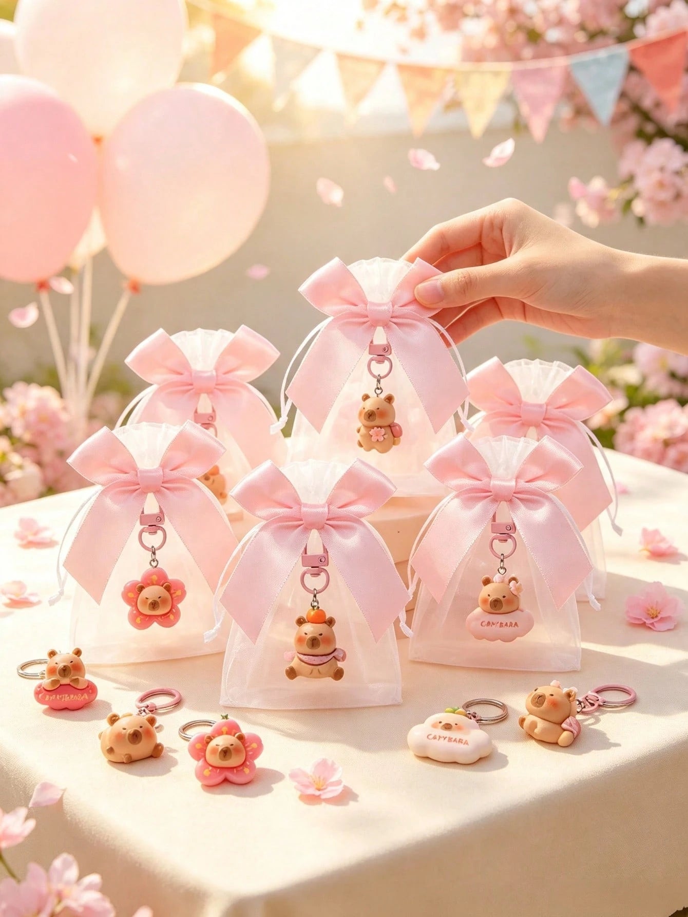 20/10/1 Set- Cartoon Pink Capybara Keychain With Bow Organza Bag Gift Set- Fun Cartoon Capybara Keychain, Resin Material Smooth Flat Bottom Capybara Animal Pendant, DIY Fillable Gift Bag, Suitable A
