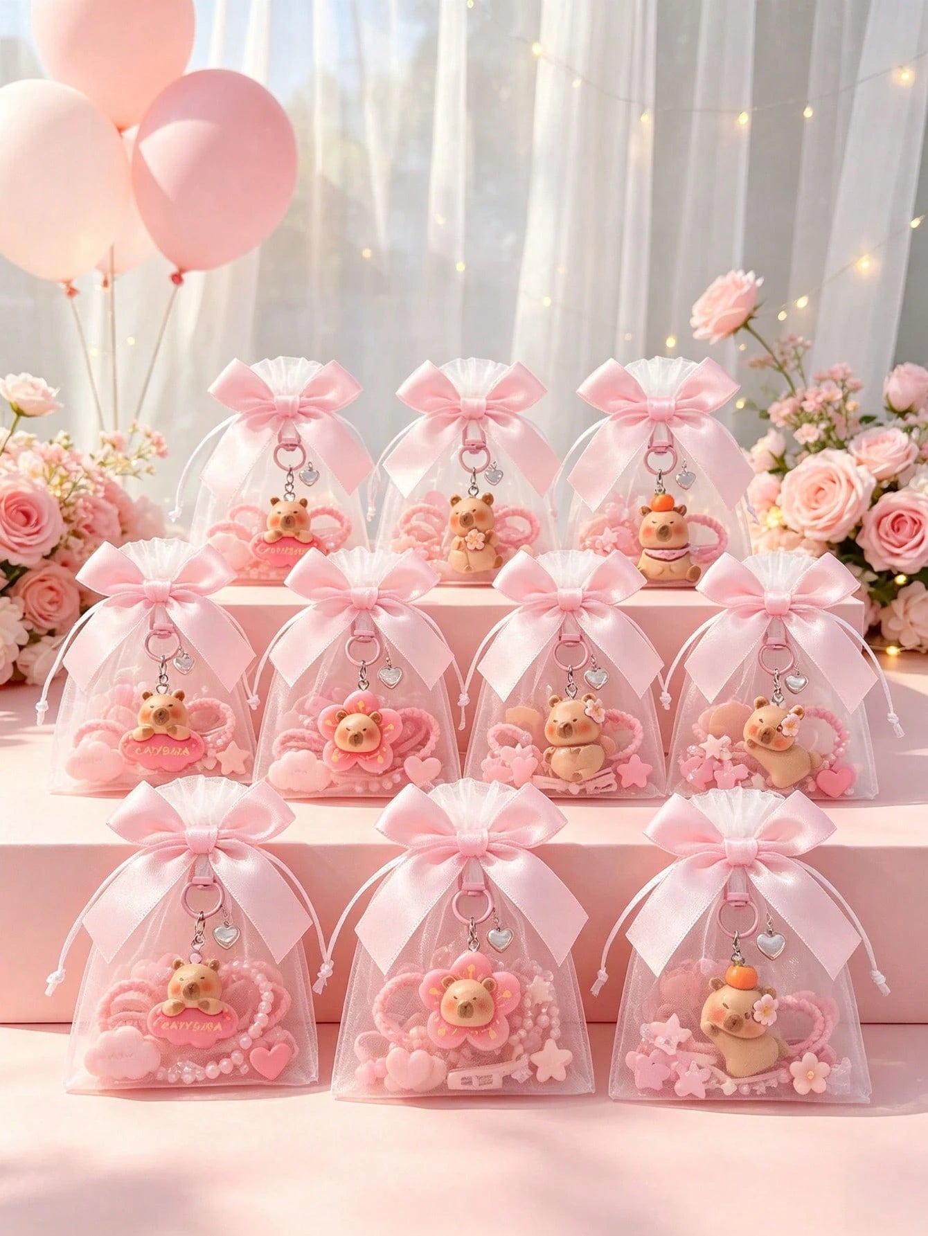 20/10/1 Set- Cartoon Pink Capybara Keychain With Bow Organza Bag Gift Set- Fun Cartoon Capybara Keychain, Resin Material Smooth Flat Bottom Capybara Animal Pendant, DIY Fillable Gift Bag, Suitable A