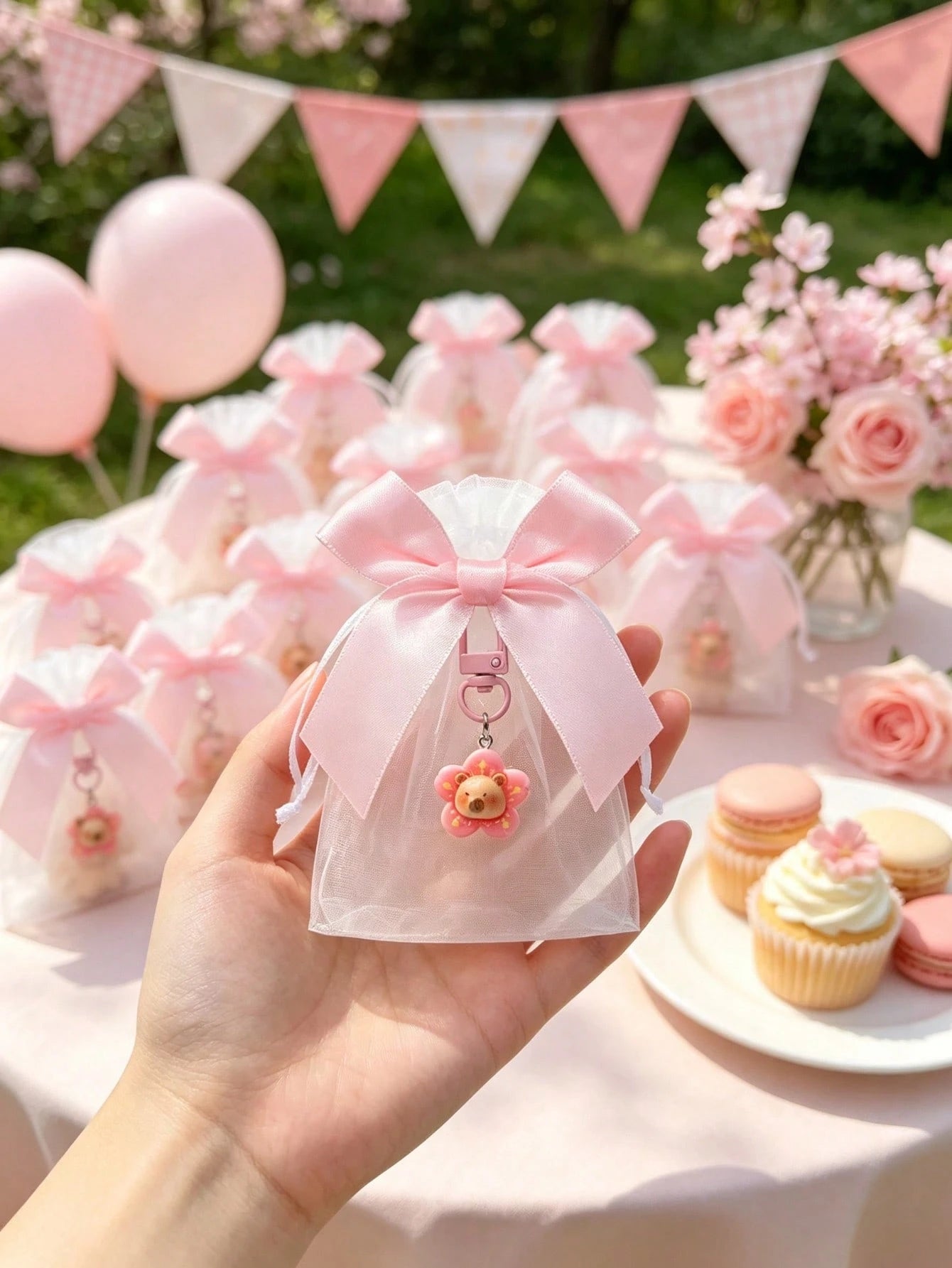 20/10/1 Set- Cartoon Pink Capybara Keychain With Bow Organza Bag Gift Set- Fun Cartoon Capybara Keychain, Resin Material Smooth Flat Bottom Capybara Animal Pendant, DIY Fillable Gift Bag, Suitable A
