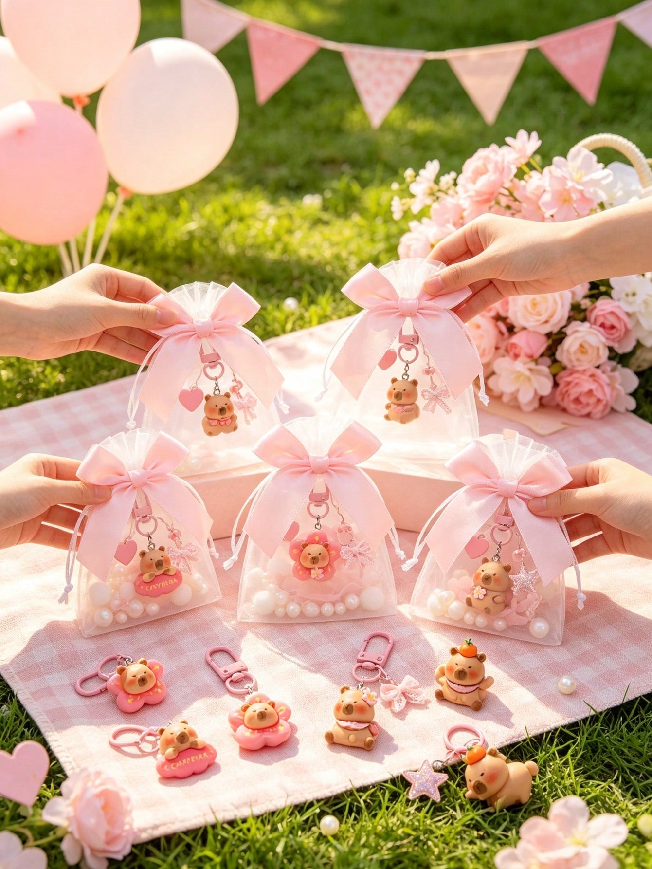 20/10/1 Set- Cartoon Pink Capybara Keychain With Bow Organza Bag Gift Set- Fun Cartoon Capybara Keychain, Resin Material Smooth Flat Bottom Capybara Animal Pendant, DIY Fillable Gift Bag, Suitable A