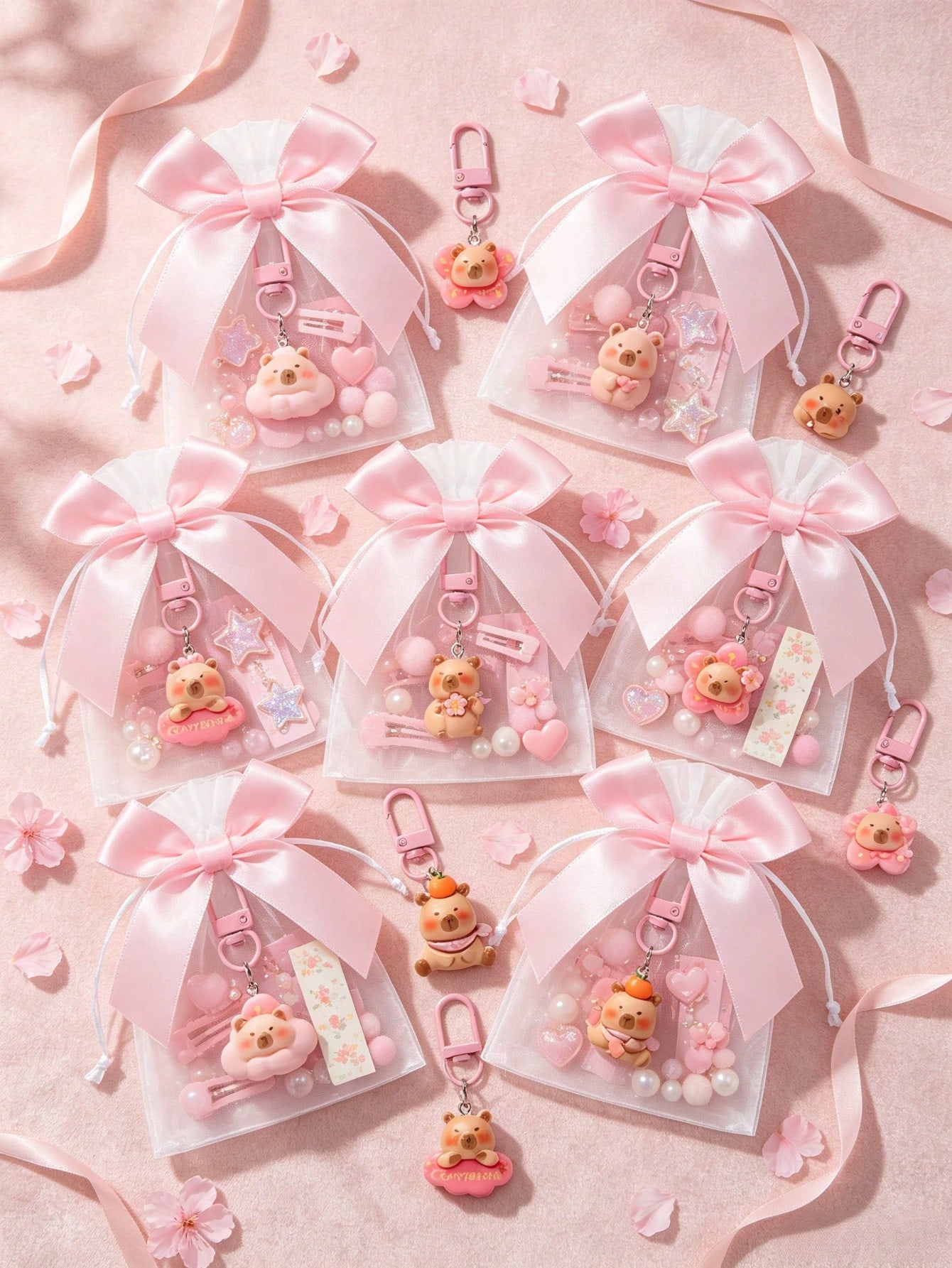20/10/1 Set- Cartoon Pink Capybara Keychain With Bow Organza Bag Gift Set- Fun Cartoon Capybara Keychain, Resin Material Smooth Flat Bottom Capybara Animal Pendant, DIY Fillable Gift Bag, Suitable A