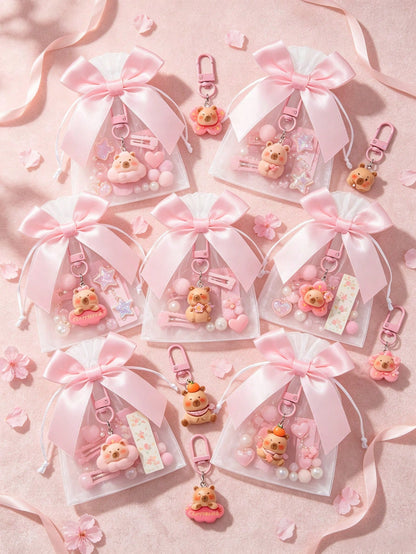 20/10/1 Set- Cartoon Pink Capybara Keychain With Bow Organza Bag Gift Set- Fun Cartoon Capybara Keychain, Resin Material Smooth Flat Bottom Capybara Animal Pendant, DIY Fillable Gift Bag, Suitable A