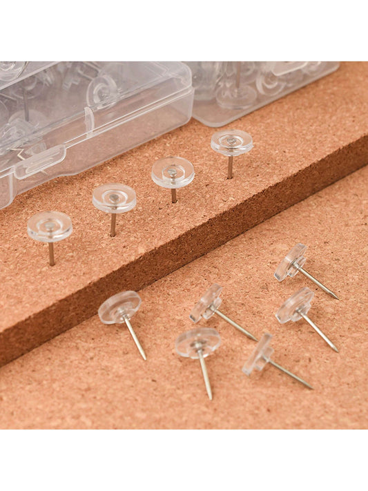 200pcs Flat Transparent Hand Press Nails, Bulletin Board Tacks, For Wall Tacks, Cork Message Board Above The Map, Calendar, Photo Fixing, 100pcs DIY Handmade Projects, Home Office Essential Office Sup