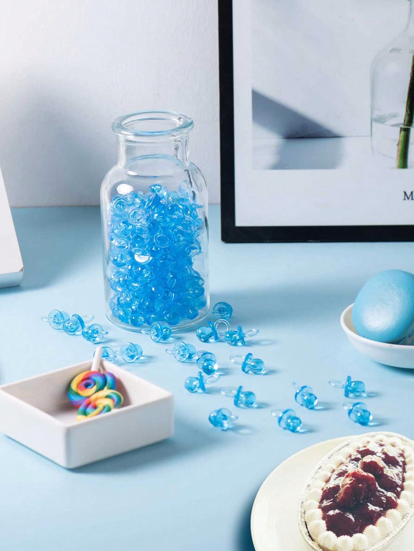 200pcs Mini Acrylic Pacifiers, Suitable For Baby Shower Games, 0.86 Inch Bulk Pacifiers, Suitable For Gender Reveal Party Gifts Table Decor (Blue)