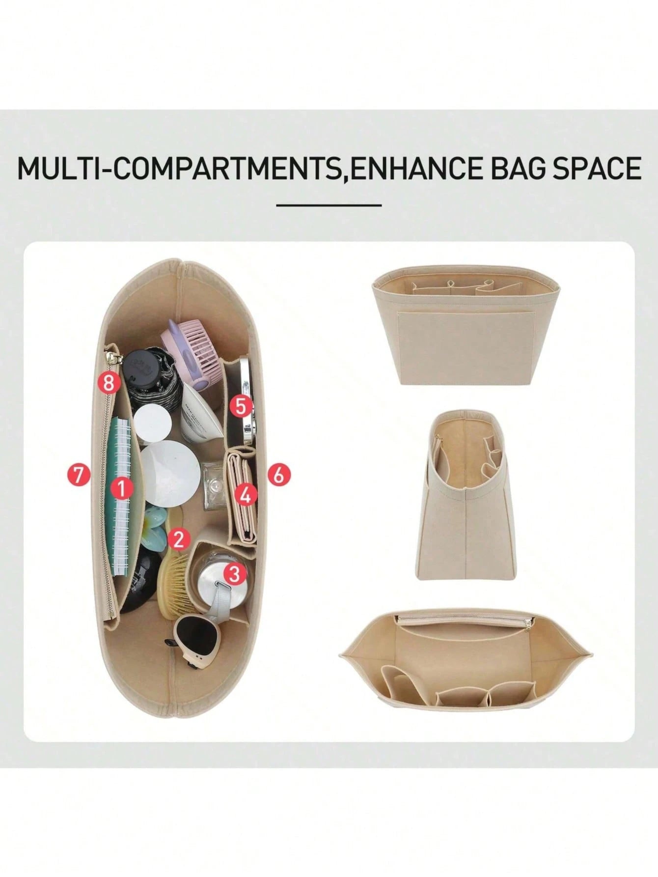 2025 Tote Bag Organizer Insert, Multi-Pocket Felt Handbag Organizer Bag With Zipper, Cup Holder, Travel Essential
