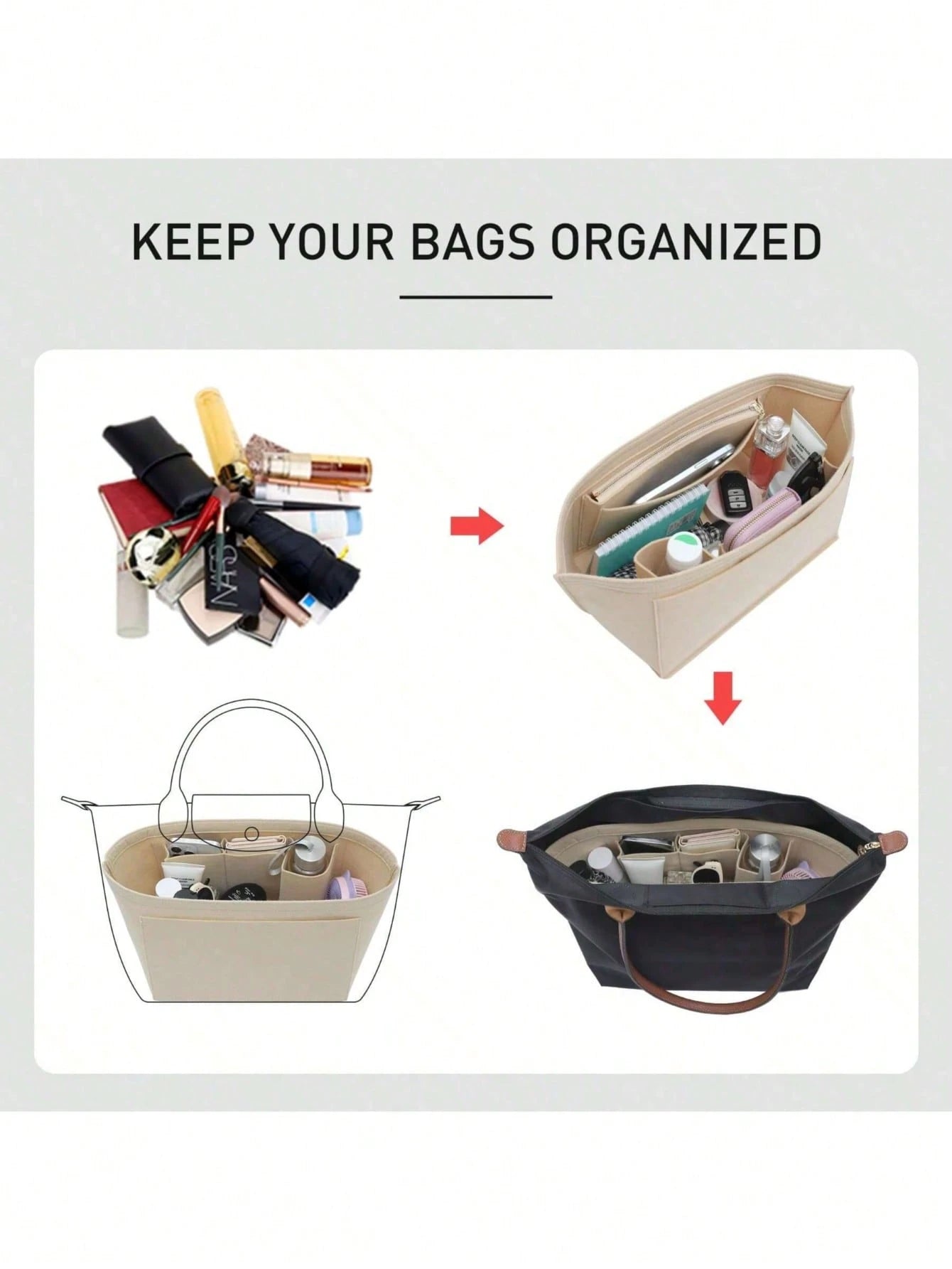 2025 Tote Bag Organizer Insert, Multi-Pocket Felt Handbag Organizer Bag With Zipper, Cup Holder, Travel Essential