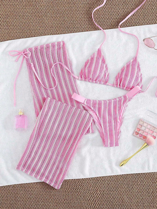 2026 European And American Bikini Set, Special Fabric Halter Neck Tie Swimsuit, Women's Three-Piece Swimwear