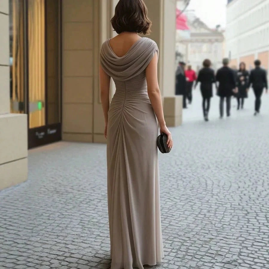 2026 European Casual Party Elegant Ruched Cowl Neck Evening Dress