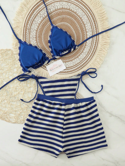 2026 Fashion Sexy Women's Beach Vacation Bikini Beach Pants Swimwear 3-Piece Set, Suitable For Spring/Summer Daily Casual Pool Party, Resort Wear