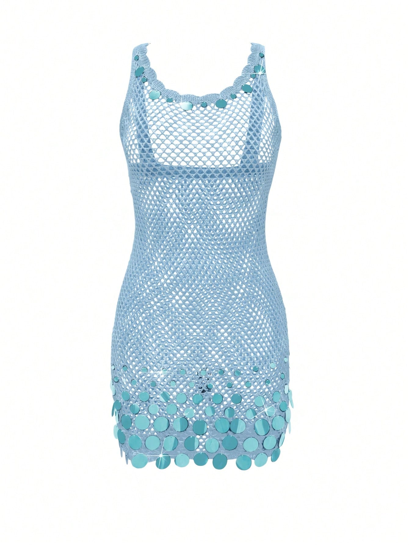 2026 New Arrival Women's Sexy Sequin Design Spaghetti Strap Hollow Sheer Beach Vacation Sleeveless Cover Up Mini Dress Summer