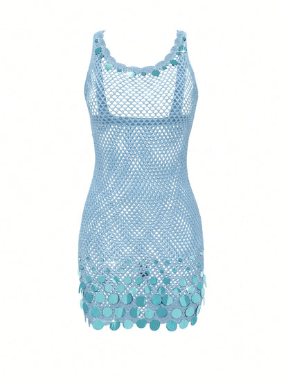 2026 New Arrival Women's Sexy Sequin Design Spaghetti Strap Hollow Sheer Beach Vacation Sleeveless Cover Up Mini Dress Summer