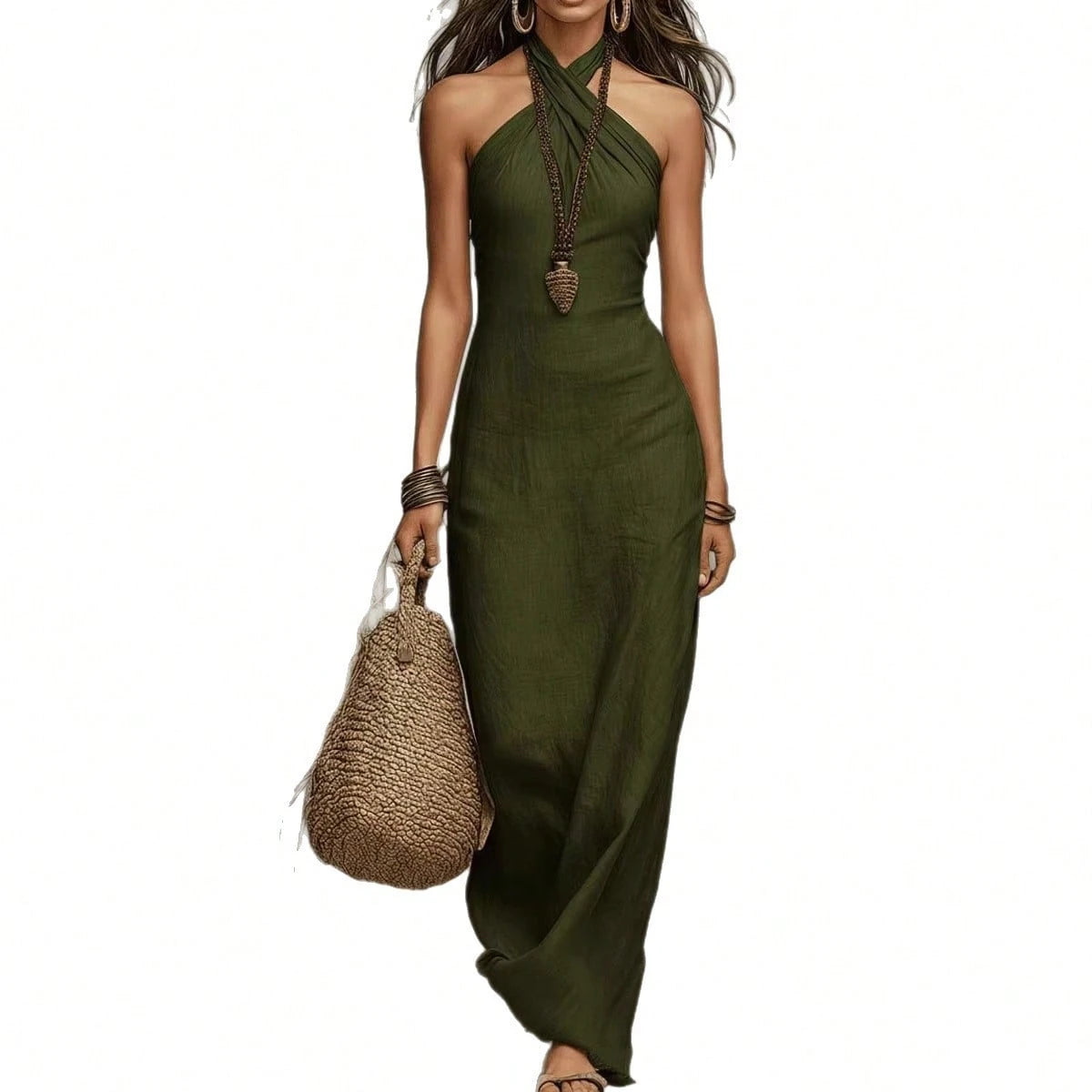 2026 New Arrival Women Sleeveless Halter Neck Dress Slim Elegant Fashion Midi Dress