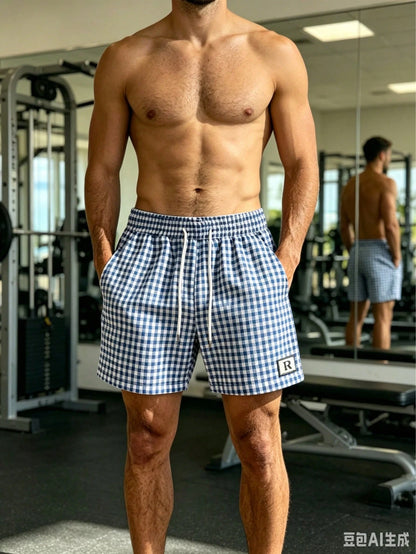 2026 New Men's Plaid Beach Shorts With Drawstring Elastic Waist And Pocket Design, Casual Sports Shorts, Breathable And Comfortable, Free Shipping