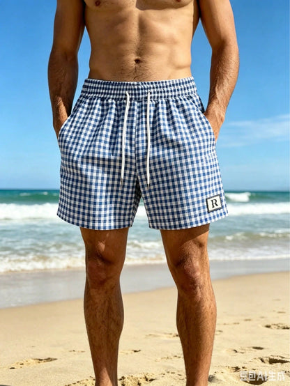2026 New Men's Plaid Beach Shorts With Drawstring Elastic Waist And Pocket Design, Casual Sports Shorts, Breathable And Comfortable, Free Shipping