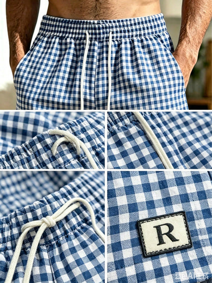 2026 New Men's Plaid Beach Shorts With Drawstring Elastic Waist And Pocket Design, Casual Sports Shorts, Breathable And Comfortable, Free Shipping