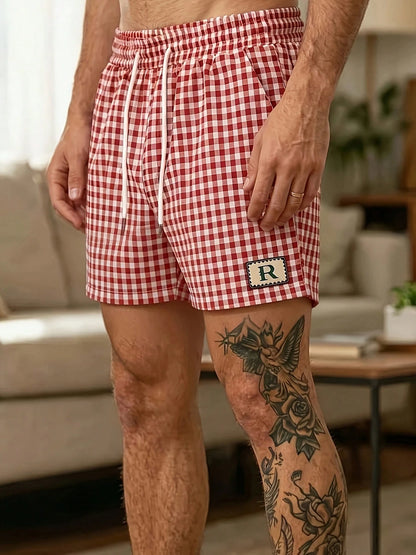 2026 New Men's Plaid Beach Shorts With Drawstring Elastic Waist And Pocket Design, Casual Sports Shorts, Breathable And Comfortable, Free Shipping