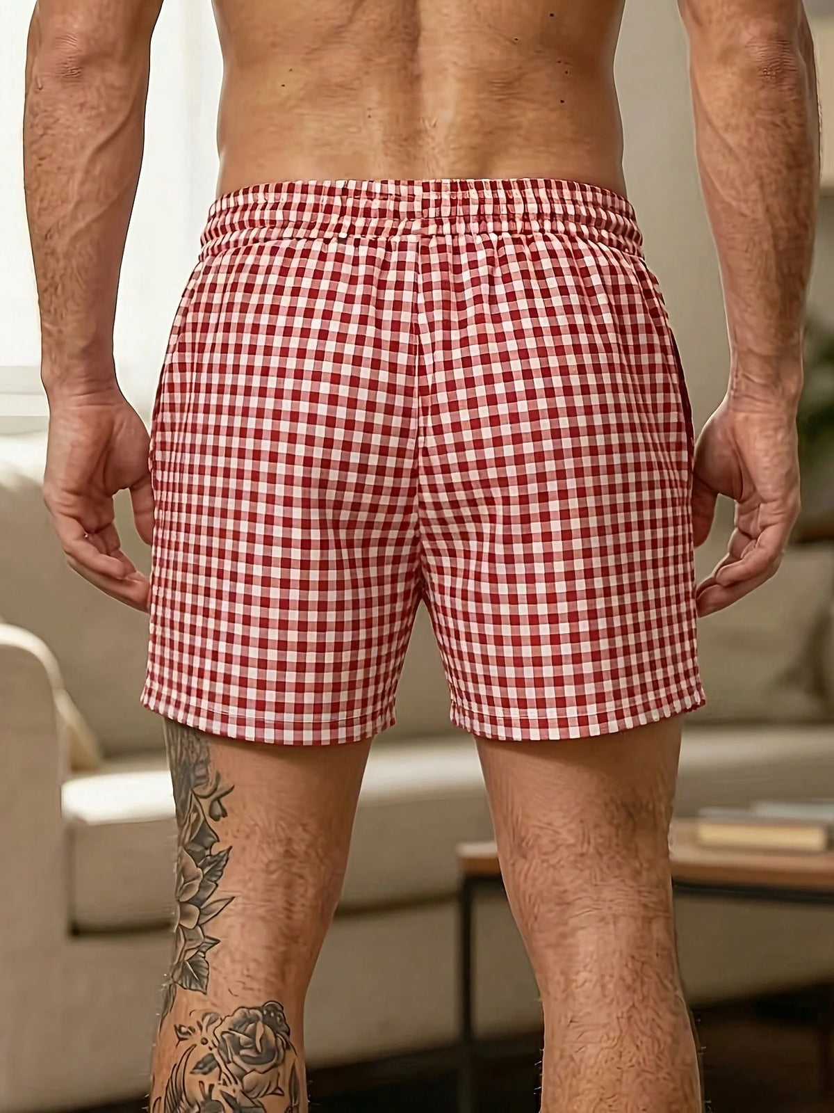 2026 New Men's Plaid Beach Shorts With Drawstring Elastic Waist And Pocket Design, Casual Sports Shorts, Breathable And Comfortable, Free Shipping