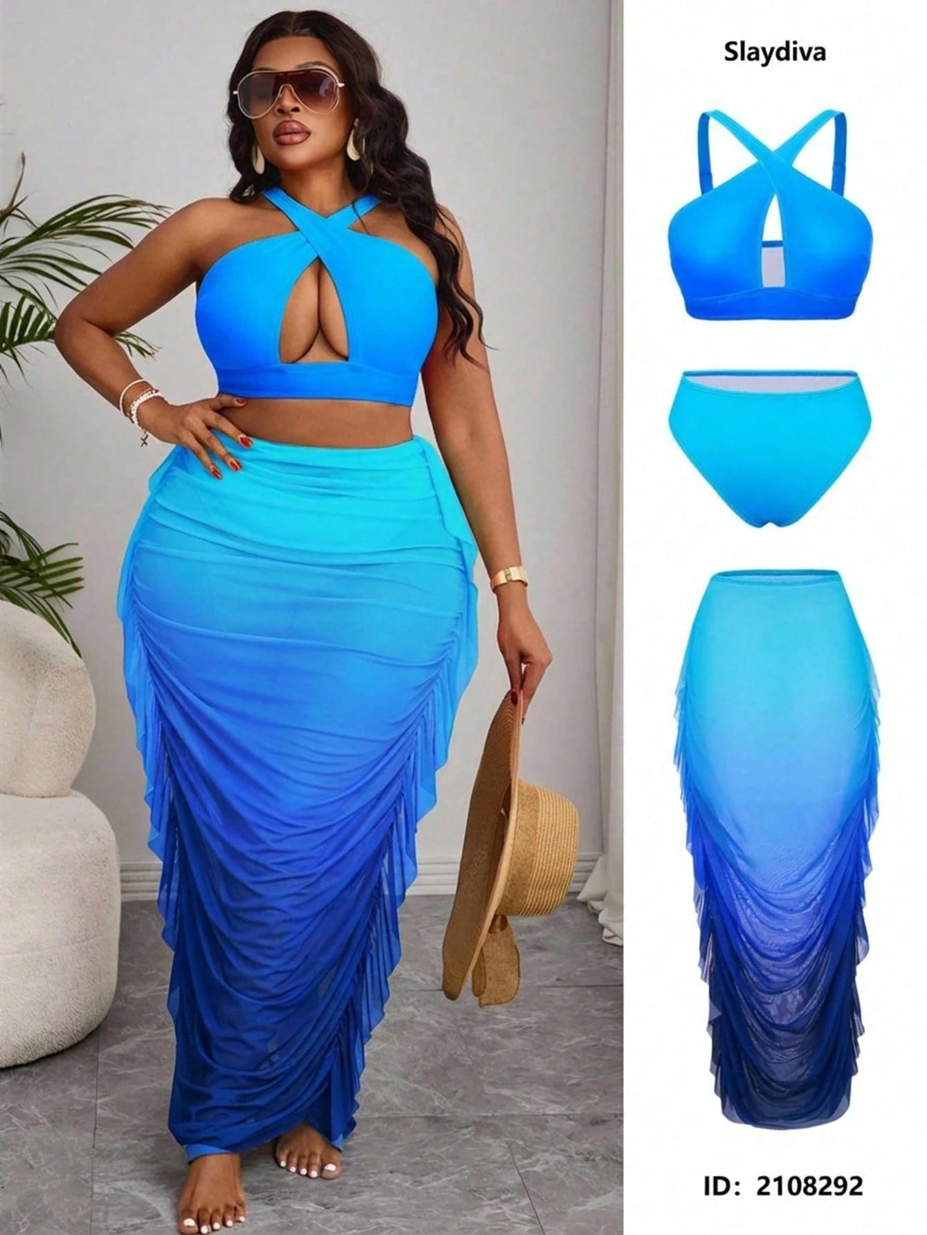 2026 New Plus Size Ombre Two Pieces Bikini And Ruffle Cover-Up Skirt Set, Suitable For Summer Beach Vacation