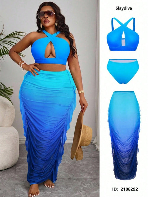 2026 New Plus Size Ombre Two Pieces Bikini And Ruffle Cover-Up Skirt Set, Suitable For Summer Beach Vacation
