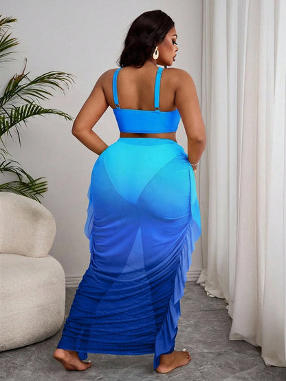 2026 New Plus Size Ombre Two Pieces Bikini And Ruffle Cover-Up Skirt Set, Suitable For Summer Beach Vacation