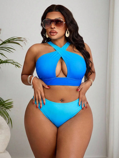 2026 New Plus Size Ombre Two Pieces Bikini And Ruffle Cover-Up Skirt Set, Suitable For Summer Beach Vacation