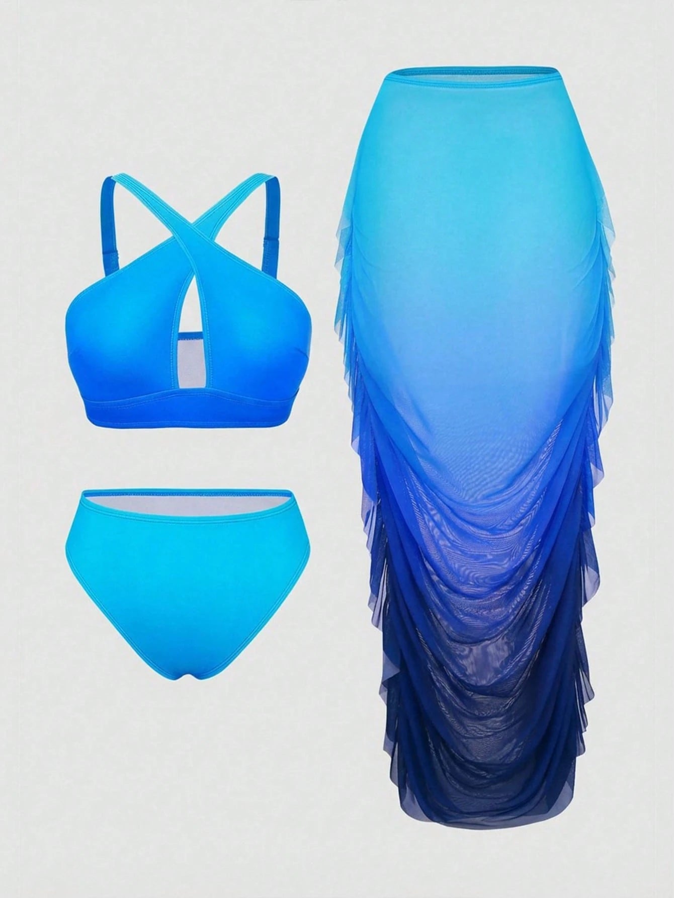2026 New Plus Size Ombre Two Pieces Bikini And Ruffle Cover-Up Skirt Set, Suitable For Summer Beach Vacation