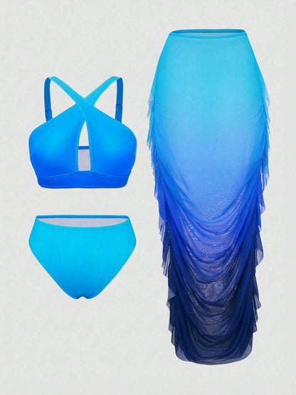 2026 New Plus Size Ombre Two Pieces Bikini And Ruffle Cover-Up Skirt Set, Suitable For Summer Beach Vacation