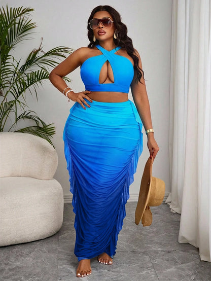 2026 New Plus Size Ombre Two Pieces Bikini And Ruffle Cover-Up Skirt Set, Suitable For Summer Beach Vacation