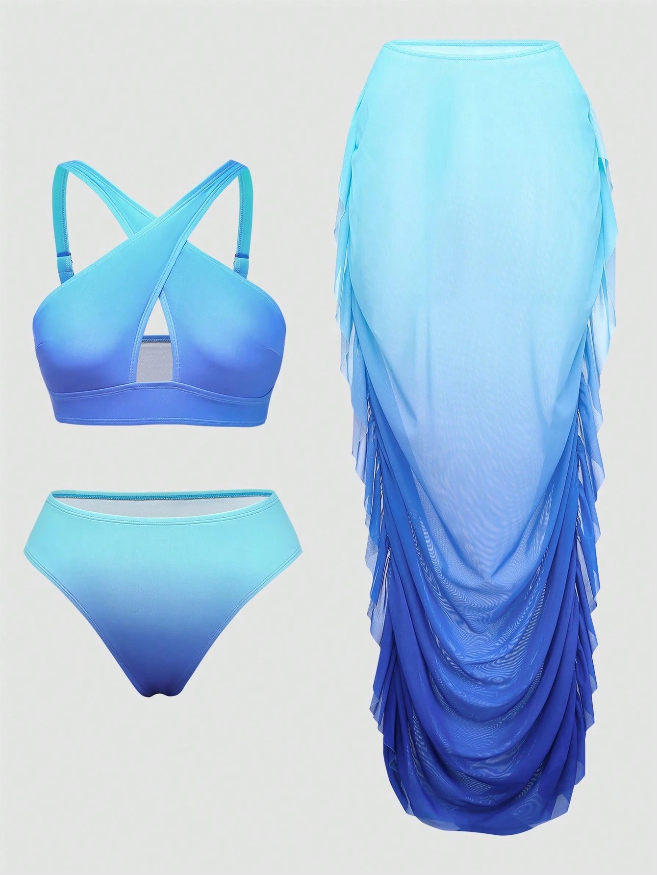 2026 New Plus Size Ombre Two Pieces Bikini And Ruffle Cover-Up Skirt Set, Suitable For Summer Beach Vacation