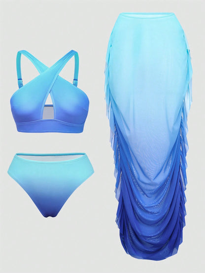 2026 New Plus Size Ombre Two Pieces Bikini And Ruffle Cover-Up Skirt Set, Suitable For Summer Beach Vacation