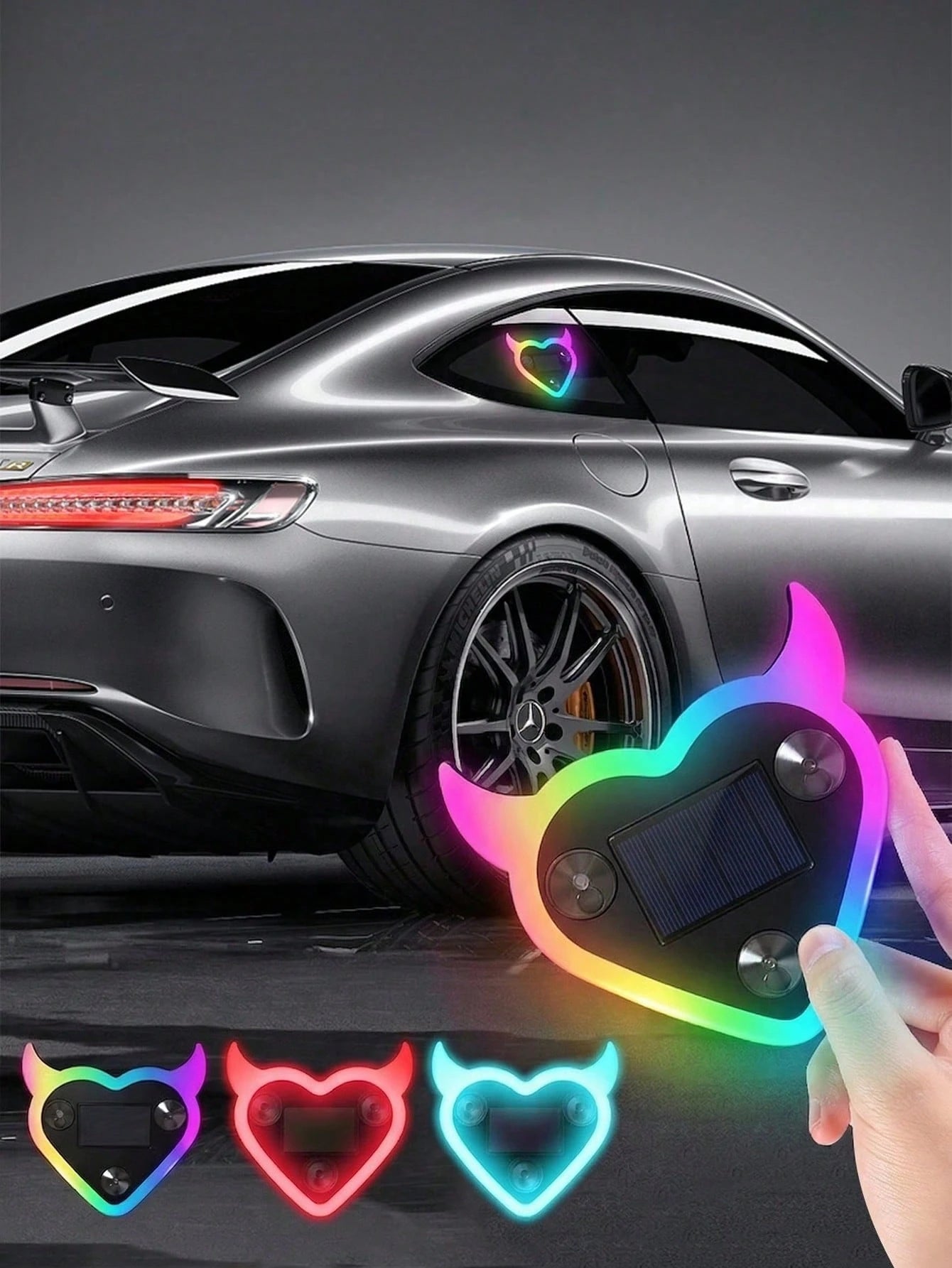 2026 New Solar Powered Devil's Heart LED Atmosphere Light, Suitable For Women's Car Accessories, Heart-Shaped Neon Light Window Decor Lamp With Automatic Sensor, 5 Lighting Modes, Romantic Car Interio