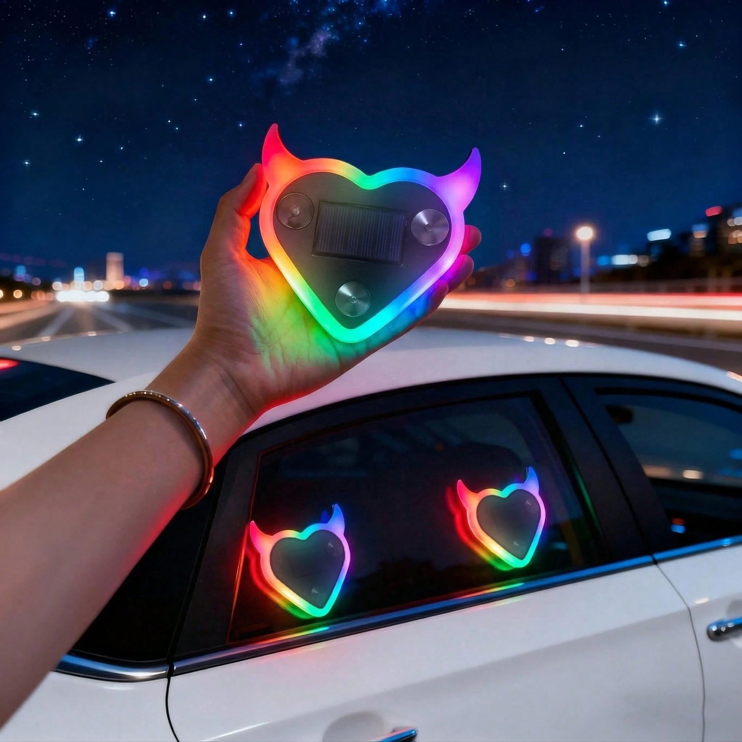 2026 New Solar Powered Devil's Heart LED Atmosphere Light, Suitable For Women's Car Accessories, Heart-Shaped Neon Light Window Decor Lamp With Automatic Sensor, 5 Lighting Modes, Romantic Car Interio