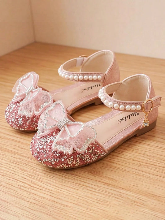 2026 Pink Shiny Little Girl Sandals, Faux Pearl Decor, Adjustable Thin Strap Princess Shoes, Suitable For Daily Wear And Various Occasions