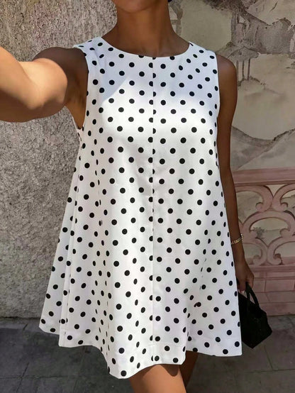 2026 Spring/Summer Women's New Polka Dot Round Neck Casual Elegant Daily Holiday Outing Date Outfit Round Neck Sleeveless Loose A-Line Mini Dress, Street Style, Party Dress, Women's Vacation Outfit, W