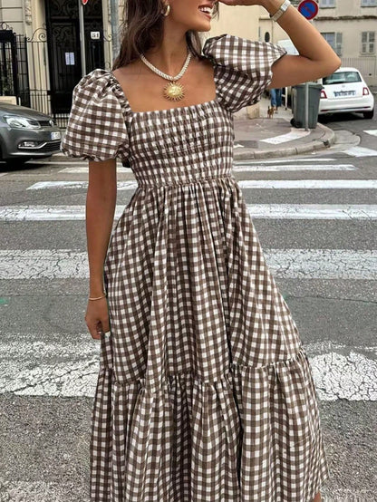 2026 Spring/Summer Women's Plaid Elegant Bohemian Casual Dress With Waist Cinching, Puff Sleeves, Ruffle Hem, Coffee Color, Suitable For Concerts, Street, Commute, Office, Party, Birthday, Chic & Eleg