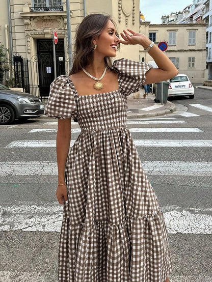2026 Spring/Summer Women's Plaid Elegant Bohemian Casual Dress With Waist Cinching, Puff Sleeves, Ruffle Hem, Coffee Color, Suitable For Concerts, Street, Commute, Office, Party, Birthday, Chic & Eleg