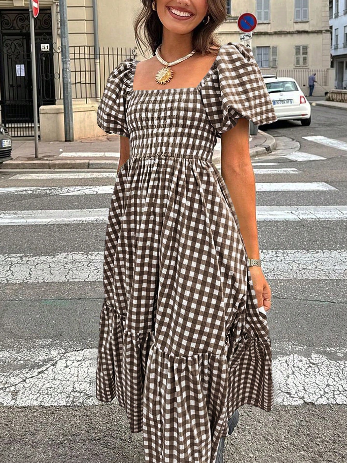 2026 Spring/Summer Women's Plaid Elegant Bohemian Casual Dress With Waist Cinching, Puff Sleeves, Ruffle Hem, Coffee Color, Suitable For Concerts, Street, Commute, Office, Party, Birthday, Chic & Eleg