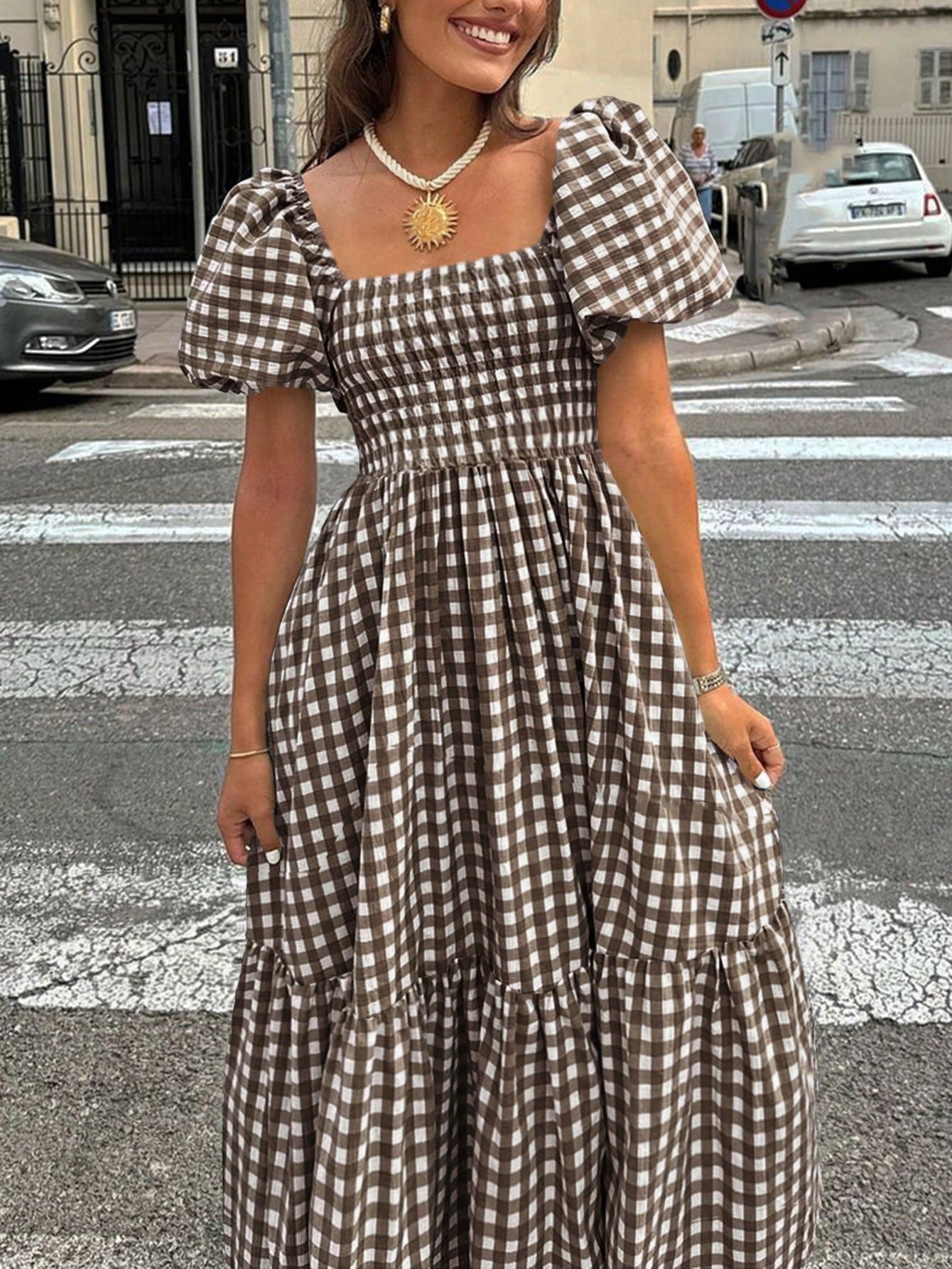 2026 Spring/Summer Women's Plaid Elegant Bohemian Casual Dress With Waist Cinching, Puff Sleeves, Ruffle Hem, Coffee Color, Suitable For Concerts, Street, Commute, Office, Party, Birthday, Chic & Eleg