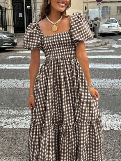2026 Spring/Summer Women's Plaid Elegant Bohemian Casual Dress With Waist Cinching, Puff Sleeves, Ruffle Hem, Coffee Color, Suitable For Concerts, Street, Commute, Office, Party, Birthday, Chic & Eleg