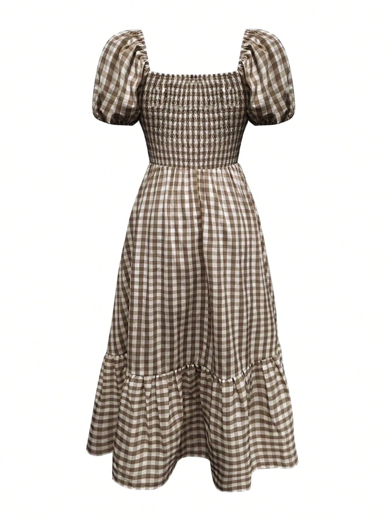 2026 Spring/Summer Women's Plaid Elegant Bohemian Casual Dress With Waist Cinching, Puff Sleeves, Ruffle Hem, Coffee Color, Suitable For Concerts, Street, Commute, Office, Party, Birthday, Chic & Eleg