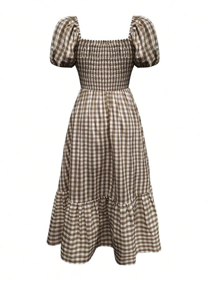2026 Spring/Summer Women's Plaid Elegant Bohemian Casual Dress With Waist Cinching, Puff Sleeves, Ruffle Hem, Coffee Color, Suitable For Concerts, Street, Commute, Office, Party, Birthday, Chic & Eleg