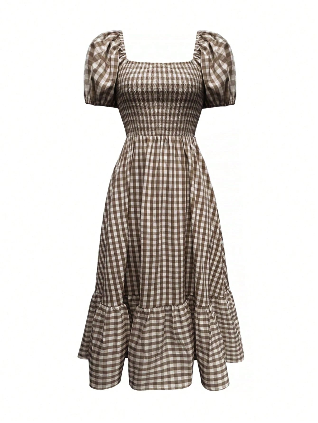 2026 Spring/Summer Women's Plaid Elegant Bohemian Casual Dress With Waist Cinching, Puff Sleeves, Ruffle Hem, Coffee Color, Suitable For Concerts, Street, Commute, Office, Party, Birthday, Chic & Eleg