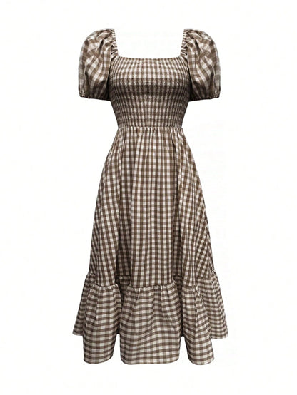 2026 Spring/Summer Women's Plaid Elegant Bohemian Casual Dress With Waist Cinching, Puff Sleeves, Ruffle Hem, Coffee Color, Suitable For Concerts, Street, Commute, Office, Party, Birthday, Chic & Eleg