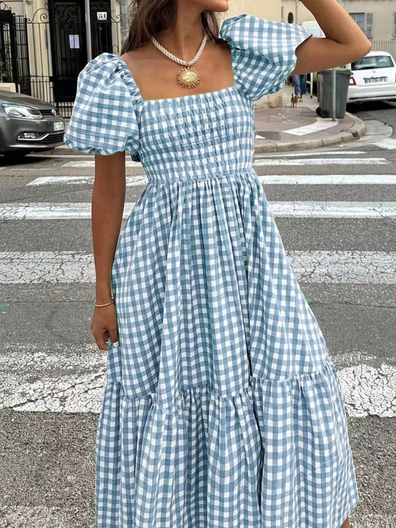 2026 Spring/Summer Women's Plaid Elegant Bohemian Casual Dress With Waist Cinching, Puff Sleeves, Ruffle Hem, Coffee Color, Suitable For Concerts, Street, Commute, Office, Party, Birthday, Chic & Eleg
