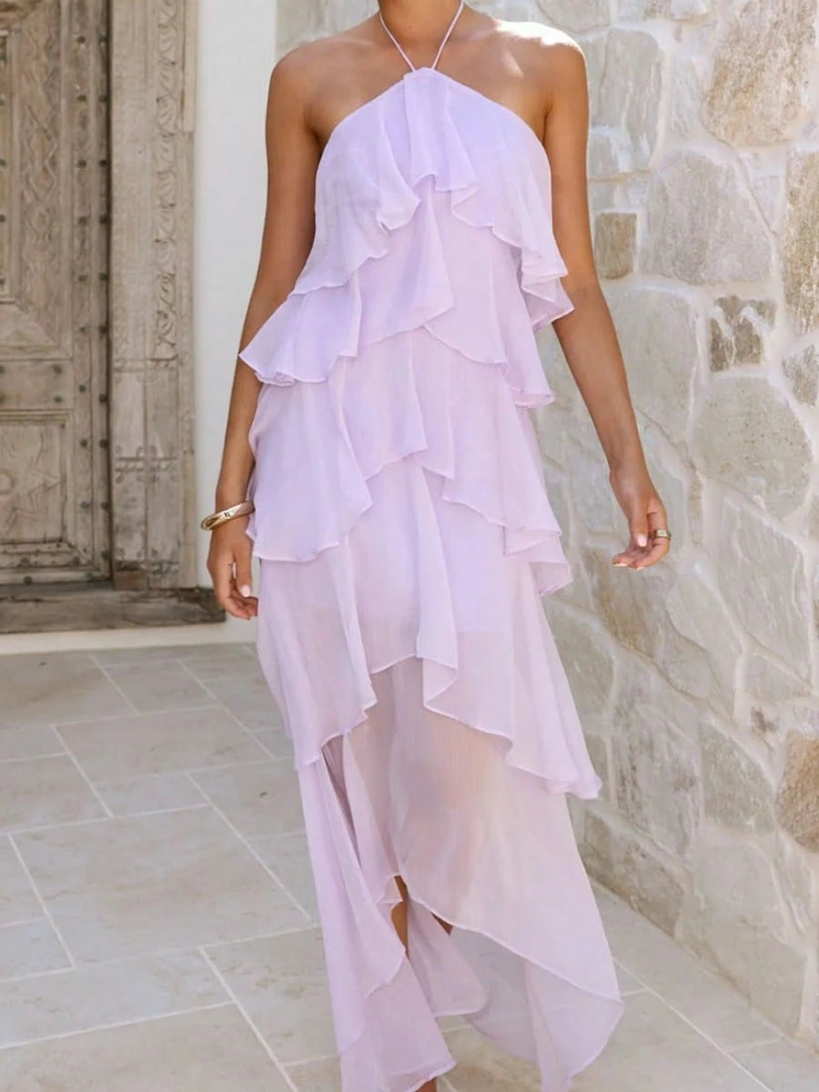 2026 Summer Elegant Solid Halter Neck Maxi Dress, Tiered Ruffle Layered Chiffon Irregular Split Hem Flowy Vacation Dress For Women Beach Wedding