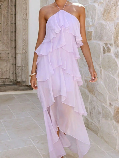 2026 Summer Elegant Solid Halter Neck Maxi Dress, Tiered Ruffle Layered Chiffon Irregular Split Hem Flowy Vacation Dress For Women Beach Wedding