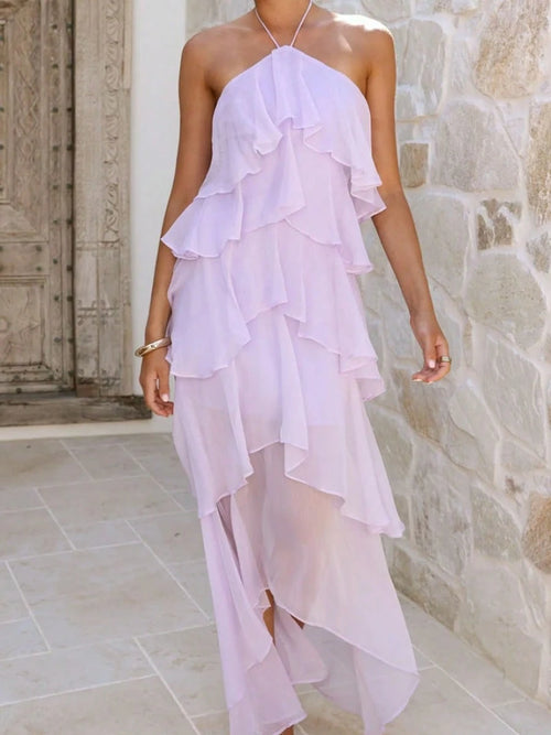 2026 Summer Elegant Solid Halter Neck Maxi Dress, Tiered Ruffle Layered Chiffon Irregular Split Hem Flowy Vacation Dress For Women Beach Wedding