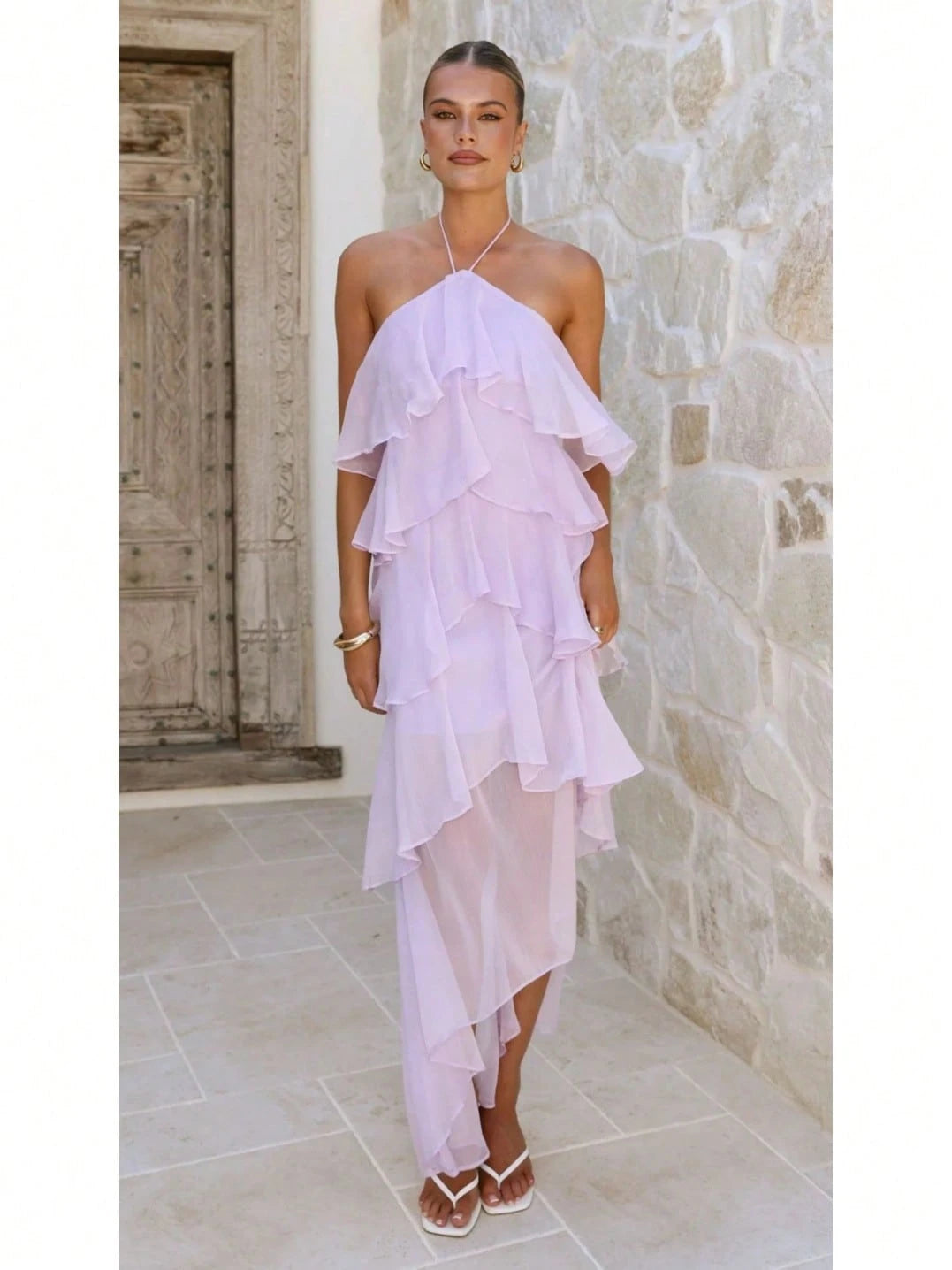 2026 Summer Elegant Solid Halter Neck Maxi Dress, Tiered Ruffle Layered Chiffon Irregular Split Hem Flowy Vacation Dress For Women Beach Wedding