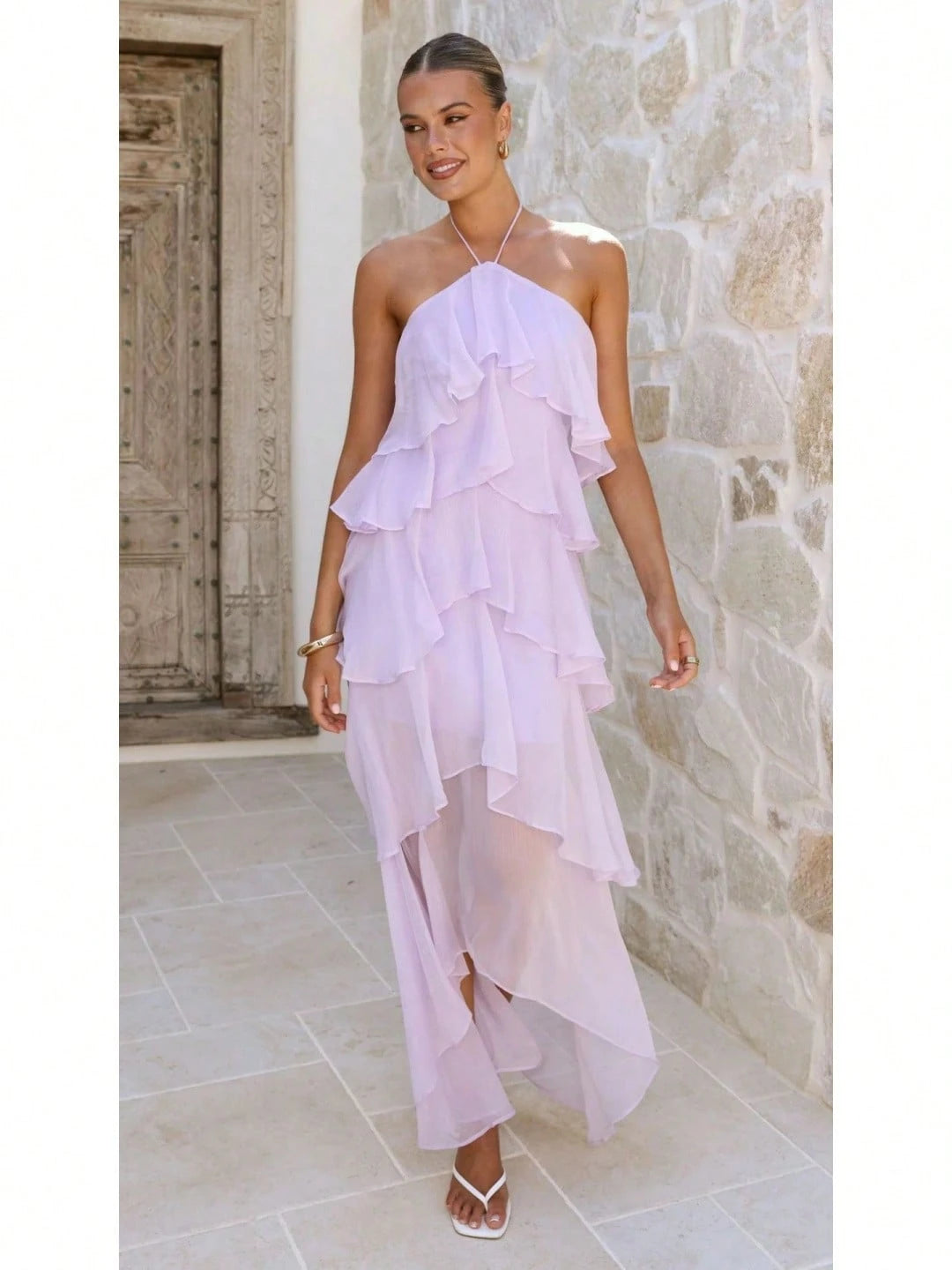 2026 Summer Elegant Solid Halter Neck Maxi Dress, Tiered Ruffle Layered Chiffon Irregular Split Hem Flowy Vacation Dress For Women Beach Wedding