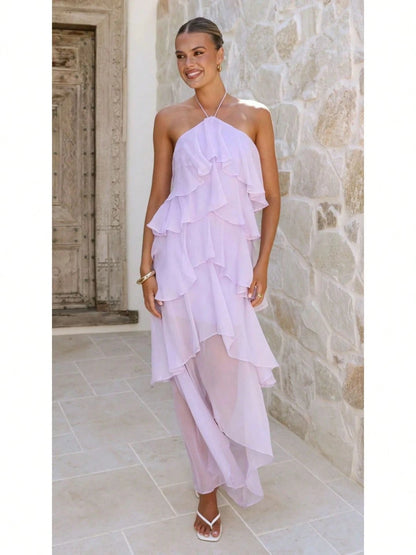 2026 Summer Elegant Solid Halter Neck Maxi Dress, Tiered Ruffle Layered Chiffon Irregular Split Hem Flowy Vacation Dress For Women Beach Wedding